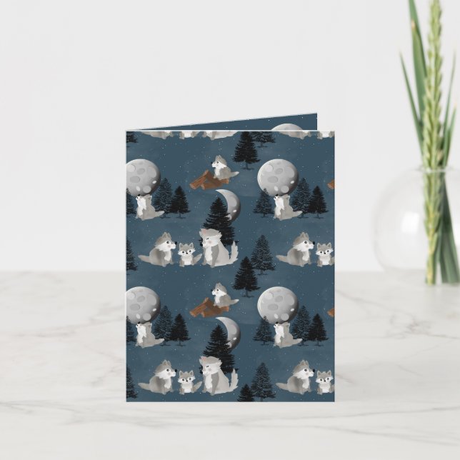 Cute Wolf Pack Woodland Night Sky Moon Karte (Vorderseite)