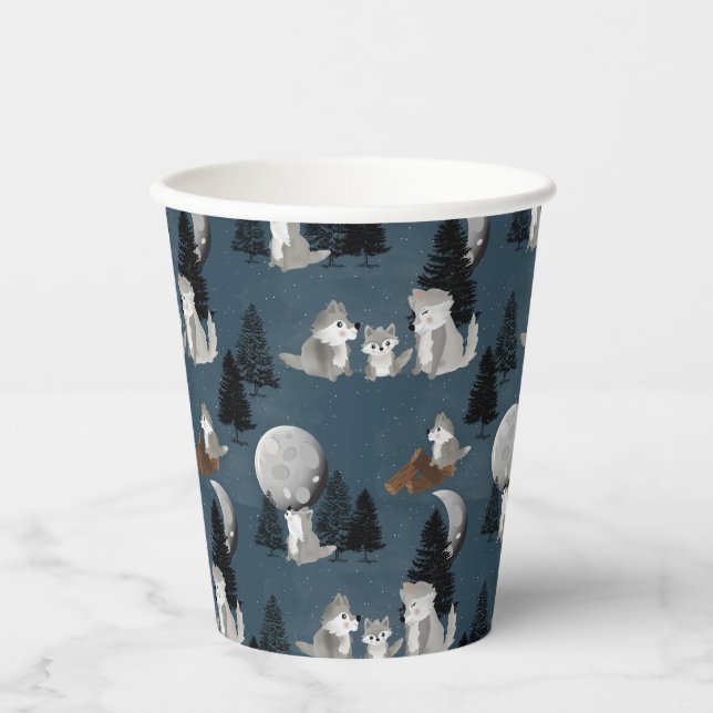 Cute Wolf Pack Woodland Night Sky Moon Pappbecher (Vorderseite)