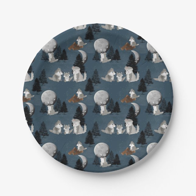 Cute Wolf Pack Woodland Night Sky Moon Pappteller (Vorderseite)