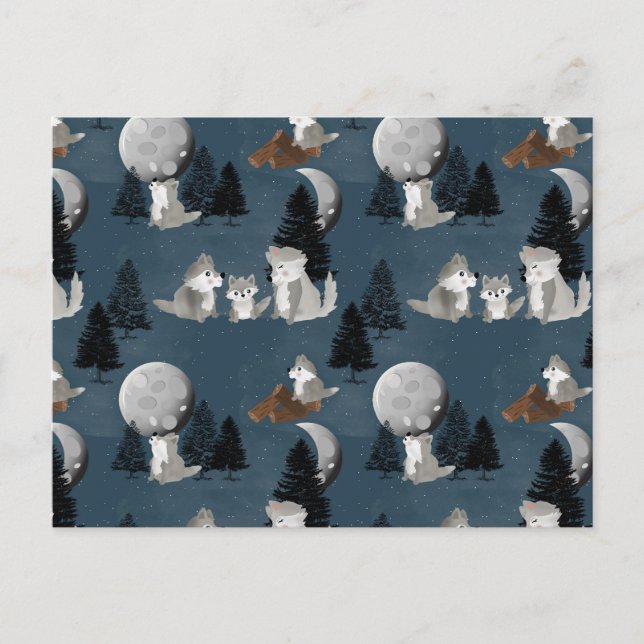 Cute Wolf Pack Woodland Night Sky Moon Postkarte (Vorderseite)