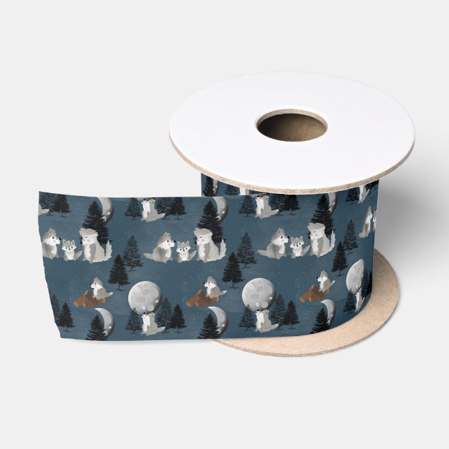 Cute Wolf Pack Woodland Night Sky Moon Satinband (Spule)