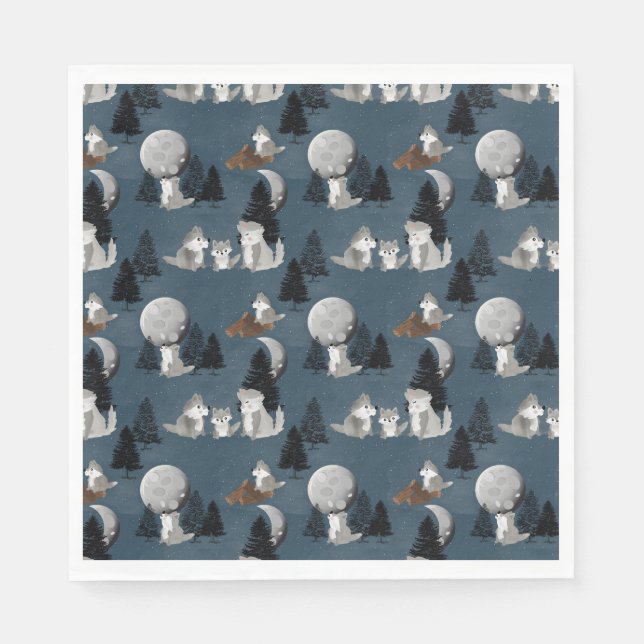 Cute Wolf Pack Woodland Night Sky Moon Serviette (Vorderseite)