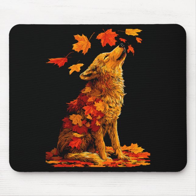 Cute Wolf With Fall Leaves Forest Animal Autumn Ae Mousepad (Vorne)