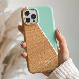 Cute Wood and Light Teal Personalized  iPhone 16 Hülle