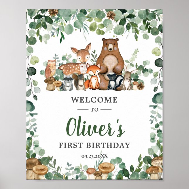 Cute Woodland Animals Greenery Birthday Welcome  Poster (Vorne)