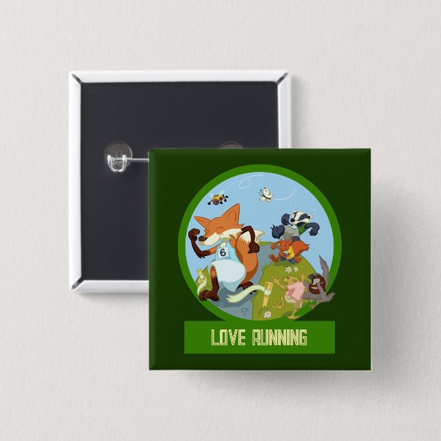 Cute Woodland Animals Love Running Race Cartoon Button (Vorne & Hinten)