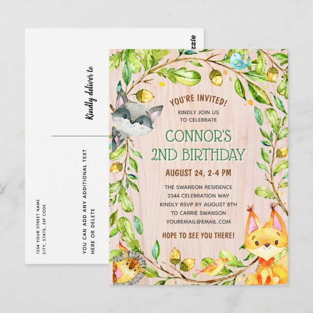 Cute Woodland Animaux Anniversaire Fête Invitation (Devant / Derrière)