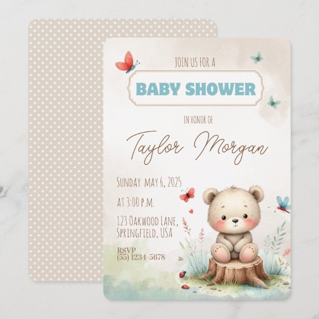 Cute Woodland Bear Baby Shower Invitation Einladung (Vorne/Hinten)