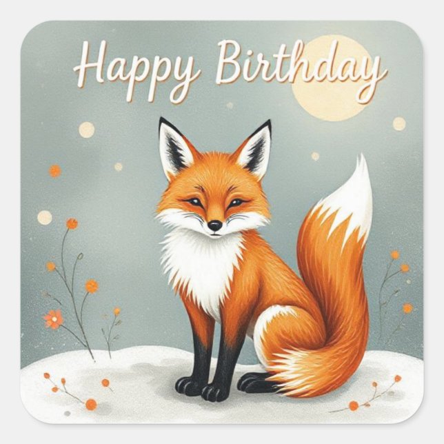 Cute Woodland Brown Fox Happy Birthday Quadratischer Aufkleber (Vorderseite)