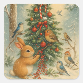 Cute woodland bunny christmas cozy festive winter  quadratischer aufkleber