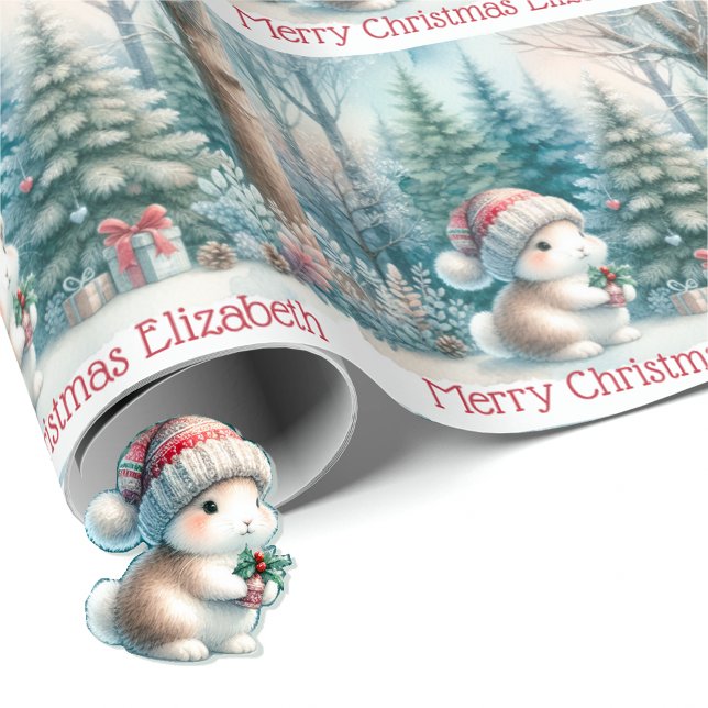 Cute Woodland Bunny Christmas Personalize Name  Geschenkpapier (Von Creator hochgeladen)