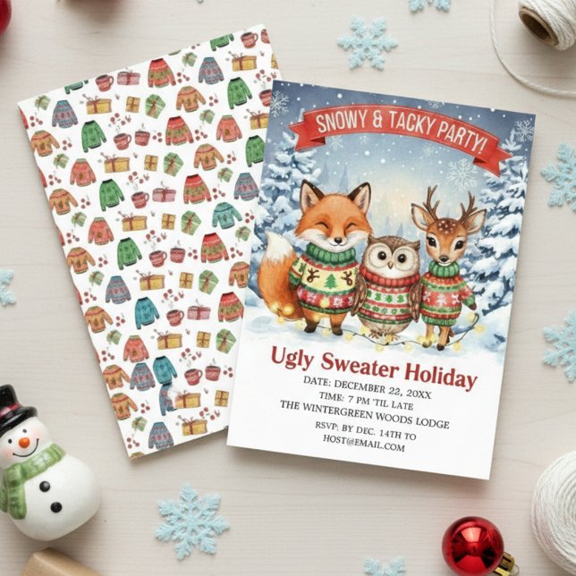 Cute Woodland Ugly Sweater Holiday Watercolor  Einladung (Von Creator hochgeladen)
