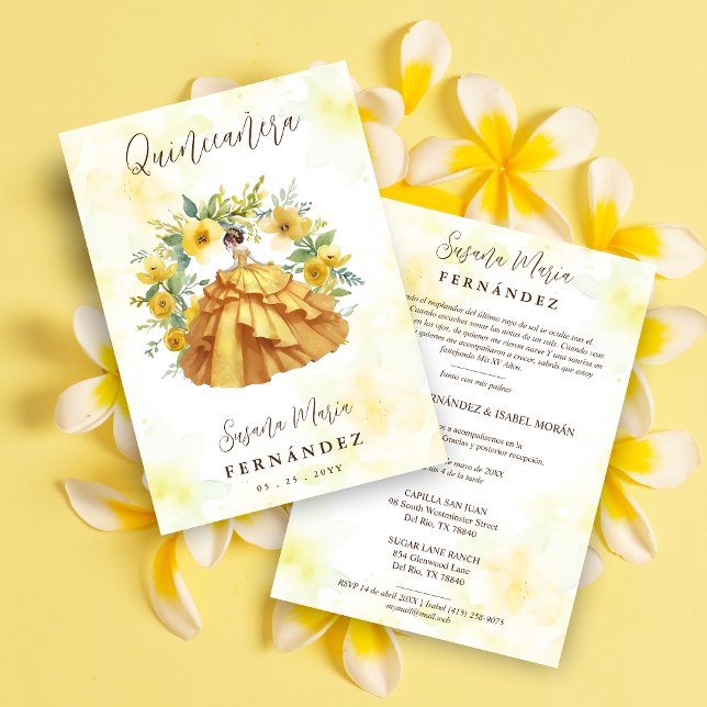 Cute Yellow Gown Garland Spanish Photo Mis XV Einladung (Von Creator hochgeladen)