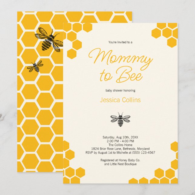 Cute Yellow Honeycomb Mommy to Bee Baby Shower Einladung (Vorne/Hinten)