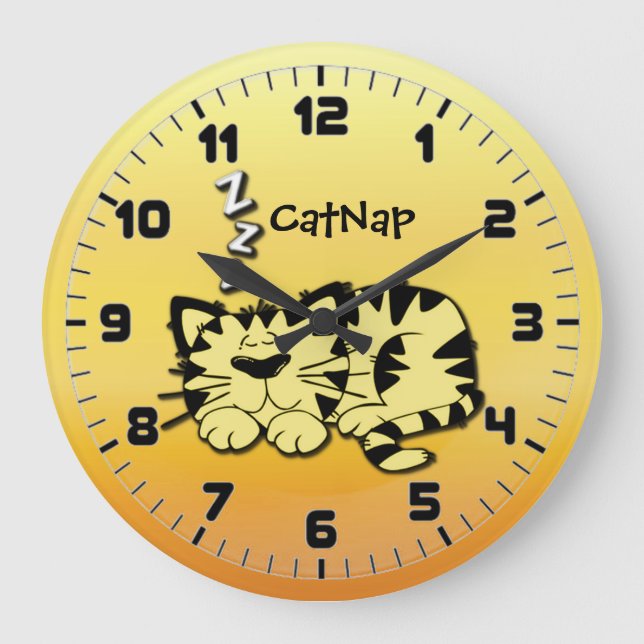 Cute Yellow Kitty Cat Nap Wall Clock Große Wanduhr (Vorderseite)