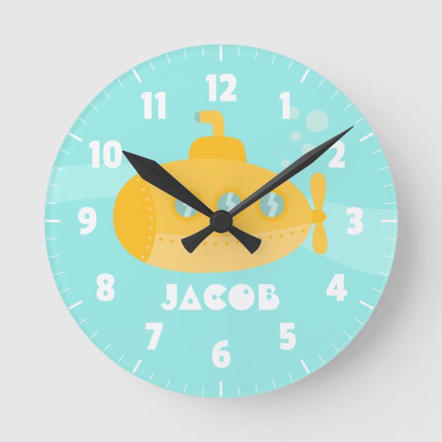 Cute Yellow Submarine, Underwater, For Kids Runde Wanduhr (Vorderseite)