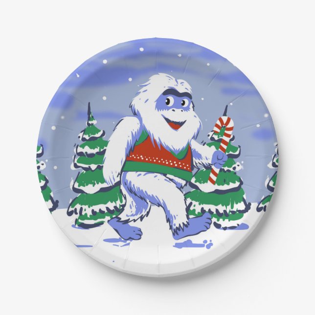 Cute yeti christmas in forest pappteller (Vorderseite)