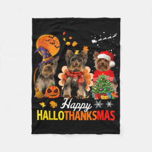 Cute Yorkie Happy Hallothanksmas Halloween Thanksg Fleecedecke