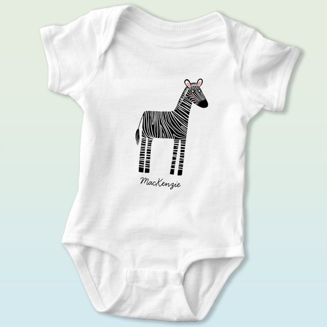 Cute Zebra Custom Name Personalized Baby Strampler (Fun personalized custom name zebra safari zoo animal baby bodysuit for a little boy or girl.)