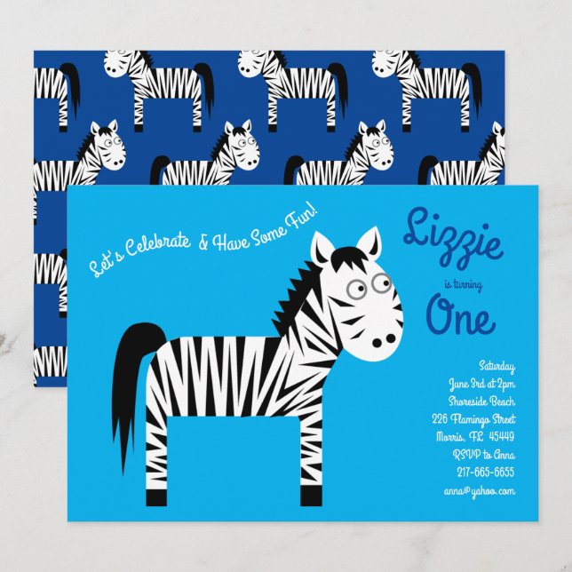 Cute Zebra Kids 1er anniversaire fêtes Invitations (Devant / Derrière)