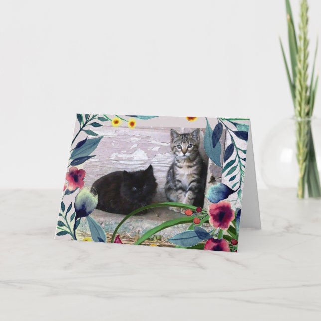 Cutel Kittens mit Watercolor-Blätter Blume Karte (Vorderseite)