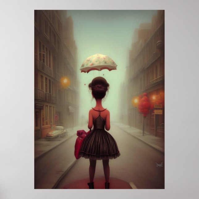 CuteLittle girl walking home from school  umbrella Poster (Vorne)