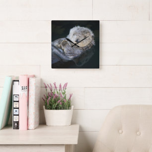 Cutest Baby Animals Sea Otter Floating Quadratische Wanduhr