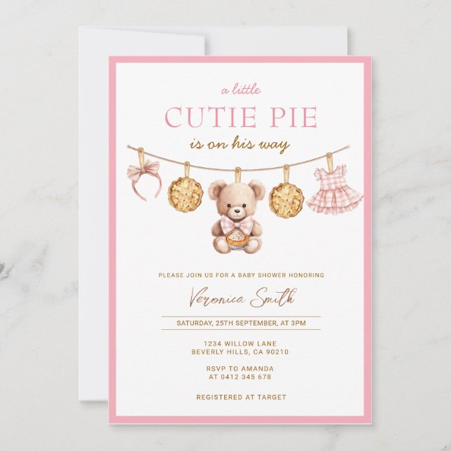 Cutie Pie Bear Girl Baby Shower Invitation Einladung (Vorderseite)