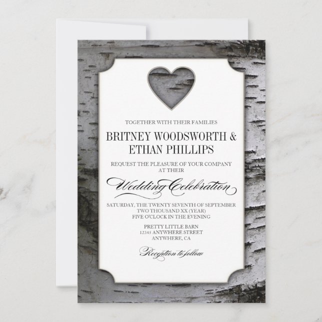 Cutout Heart Birch Tree Bark Wedding Invitations Einladung (Vorderseite)