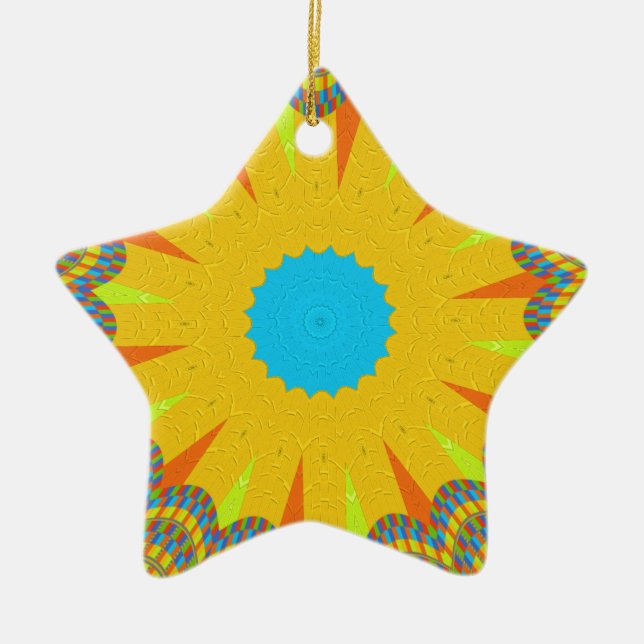 Cyan and Gold Mandala Art Print Keramik Ornament (Vorne)