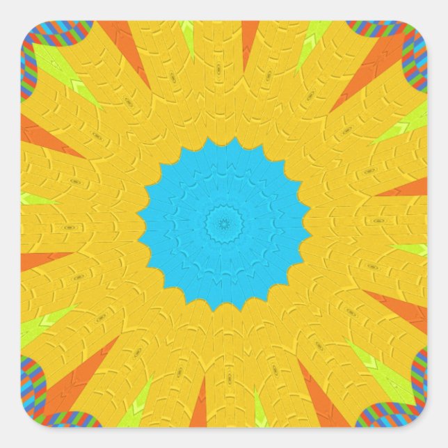 Cyan and Gold Mandala Art Print Quadratischer Aufkleber (Vorderseite)