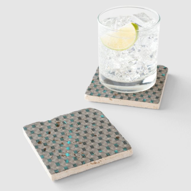 Cyan-Bild unter grauen Tellern, rechteckige Formen Steinuntersetzer (Seitenansicht)