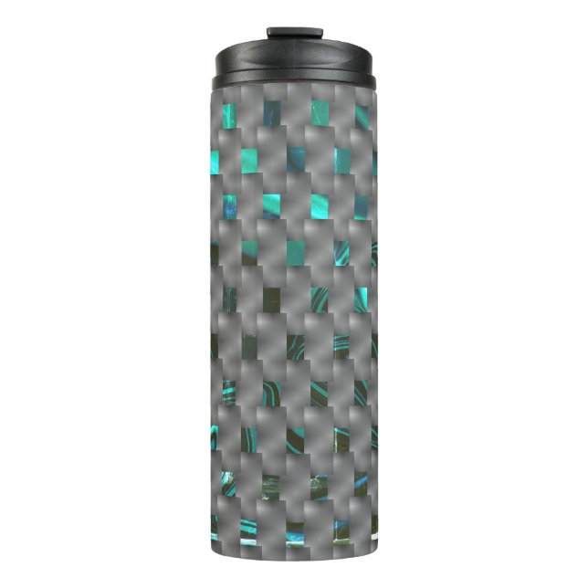 Cyan-Bild unter grauen Tellern, rechteckige Formen Thermosbecher (Vorderseite)