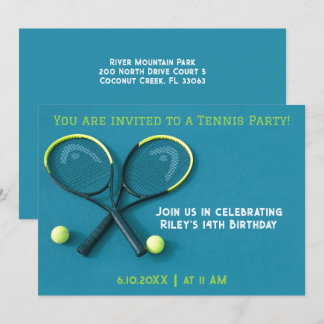 Cyan Birthday Party Rackets and Balls Tennis Einladung