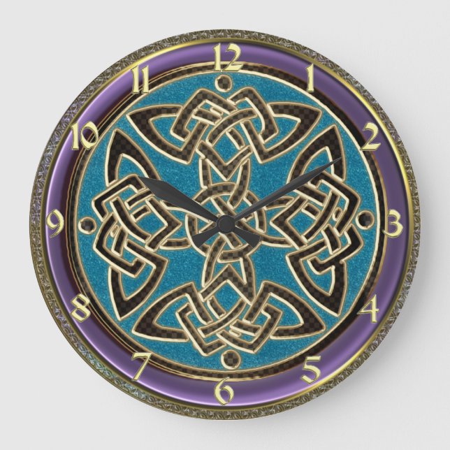 Cyan-blaue Blau-, Lila und Goldkeltische Große Wanduhr (Vorderseite)