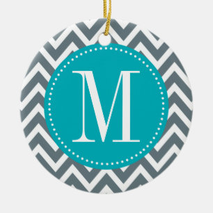 Cyan-blaues blaues und graues Zickzack Keramik Ornament