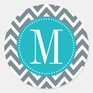 Cyan Blue and Grau Zickzack Custom Monogram Runder Aufkleber