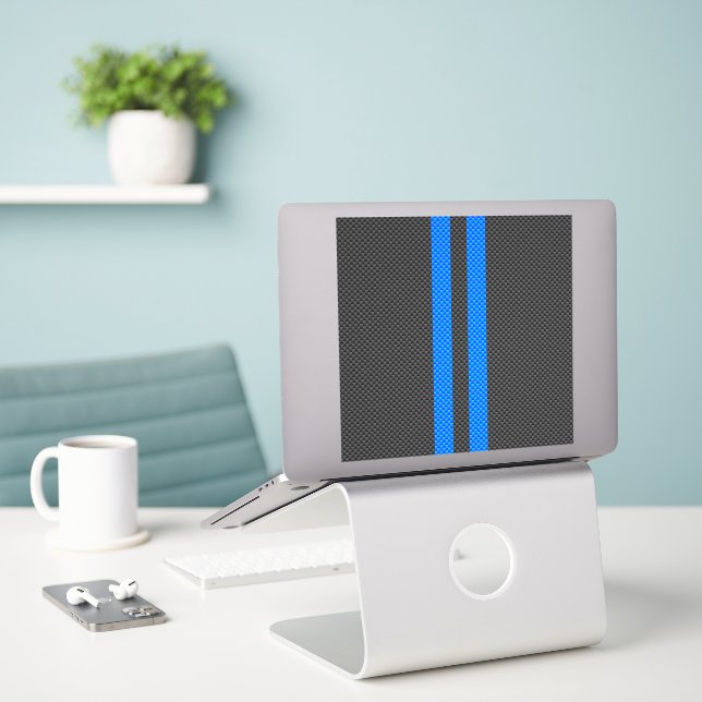 Cyan Blue Carbon Fibre Racing Stripes Aufkleber (Laptop auf Schreibtisch)