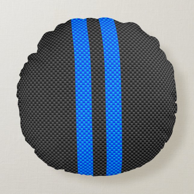 Cyan Blue Carbon Fibre Racing Stripes Rundes Kissen (Vorderseite)