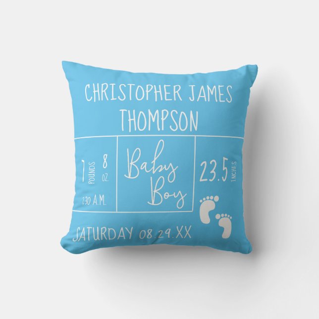 Cyan Blue Custom Baby Boy Foto Birth stat Kissen (Vorderseite)
