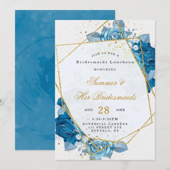 Cyan Blue Floral Geometric Bridesmaids Luncheon Einladung (Vorne/Hinten)