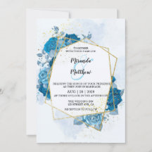 Cyan Blue Florals Gold Geometric Wedding