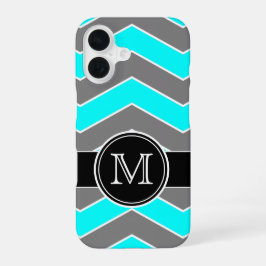 Cyan Blue, Grau, Schwarz Zickzack, Mit Monogramm iPhone 16 Hülle
