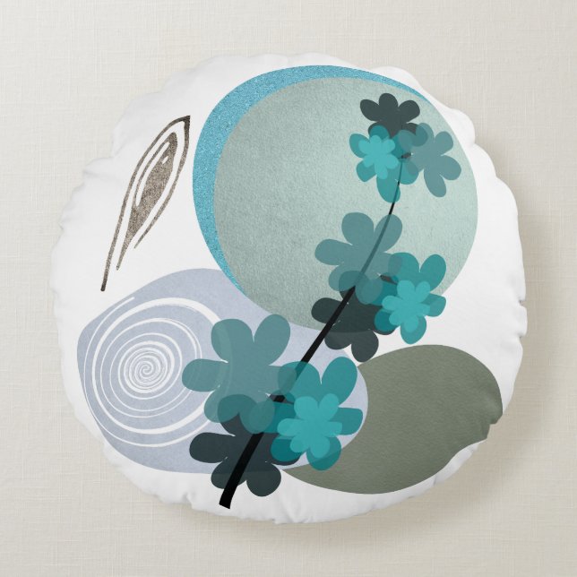 Cyan Boho Rundes Kissen (Vorderseite)