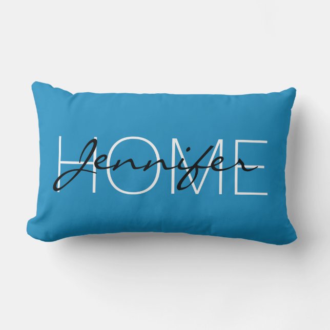 Cyan Cornflower Blue Zuhause Monogram Lendenkissen (Vorderseite)