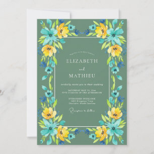 Cyan-Gelbe Wildblumen-Hochzeit Einladung