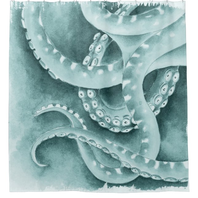 Cyan Green Tentacles Monochrom Duschvorhang (Vorderseite)