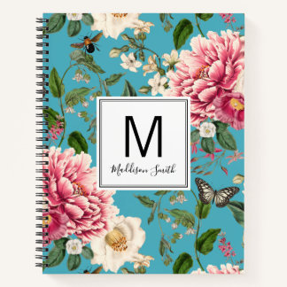 Cyan Mit Monogramm Country Garden Blumenmuster Notizbuch