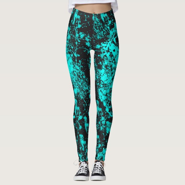 Cyan Paint Brush Spritzer Leggings (Vorderseite)
