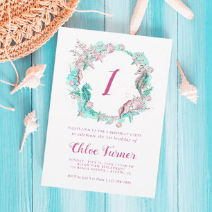 Cyan & Pink Pastel unter dem Meer Erster Geburtsta Einladung